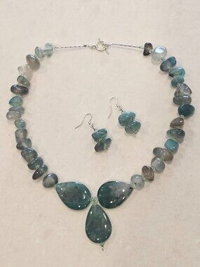 Aventurine Natural Chunky Polished Stone Necklace & Earrings - Green & Stainless